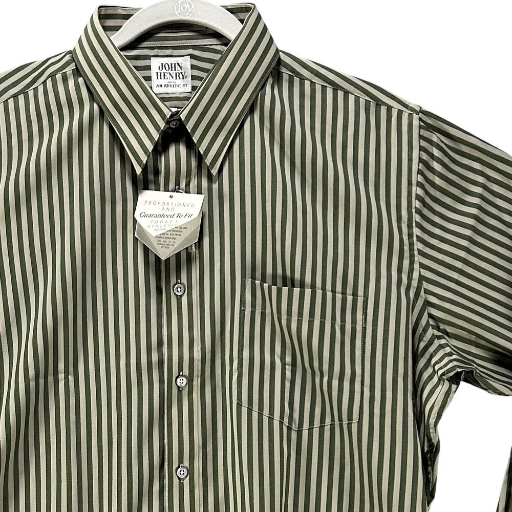 John Henry Button Down Shirt Athletic Fit Mens 17 32-33 Green Stripe Vintage 70s